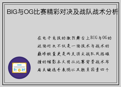 BIG与OG比赛精彩对决及战队战术分析